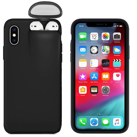 2 In 1 Headset Caps Phone Case Earphone Storage Box For iPhone 11Pro XS MAX XR X 7 8 6 6S Plus Shockproof Solid Color back Cover