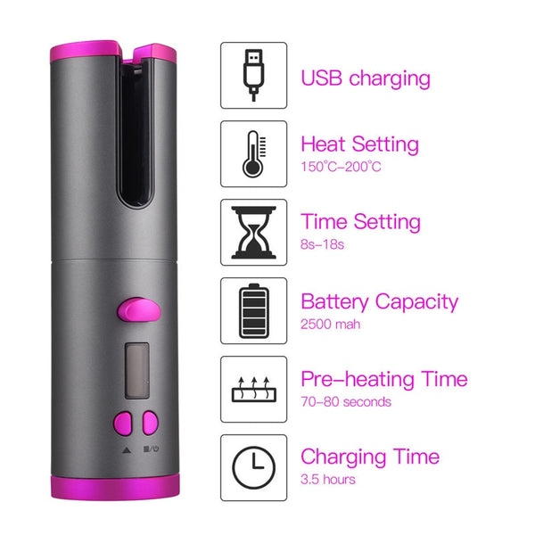 Cordless Auto Rotating Ceramic Hair Curler USB Rechargeable Curling Iron LED Display Temperature Adjustable Curling Wave Styer