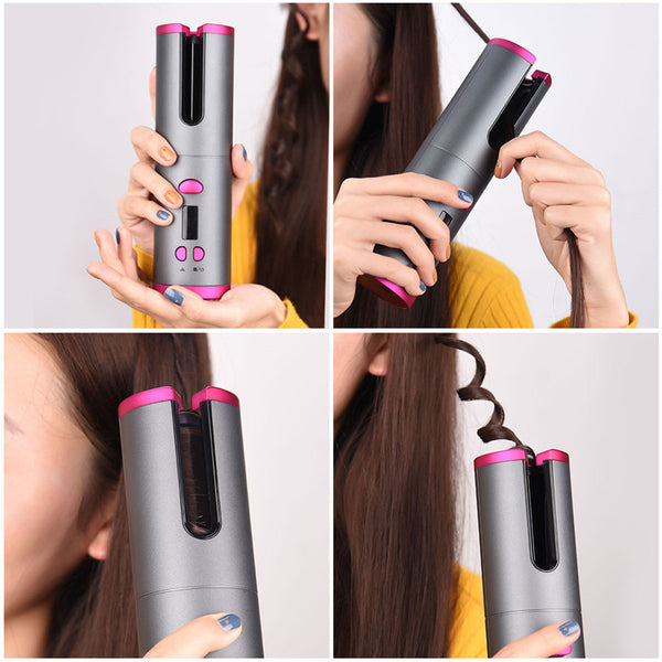 Cordless Auto Rotating Ceramic Hair Curler USB Rechargeable Curling Iron LED Display Temperature Adjustable Curling Wave Styer