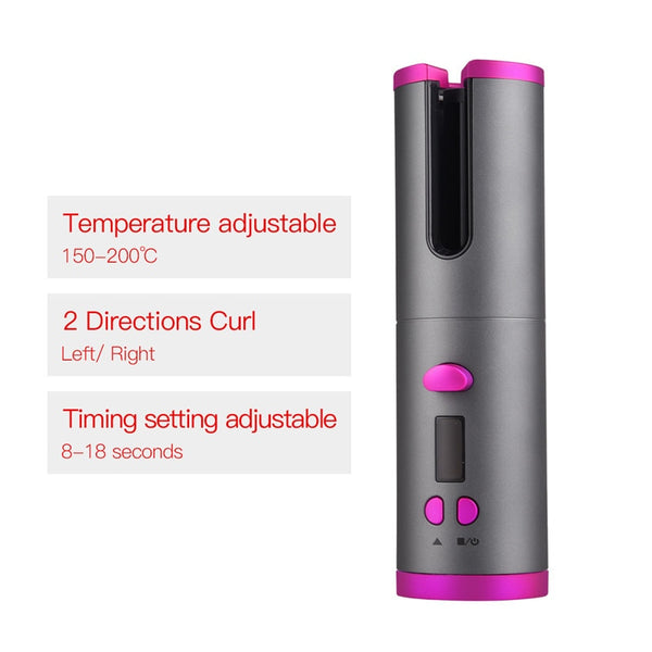 Cordless Auto Rotating Ceramic Hair Curler USB Rechargeable Curling Iron LED Display Temperature Adjustable Curling Wave Styer