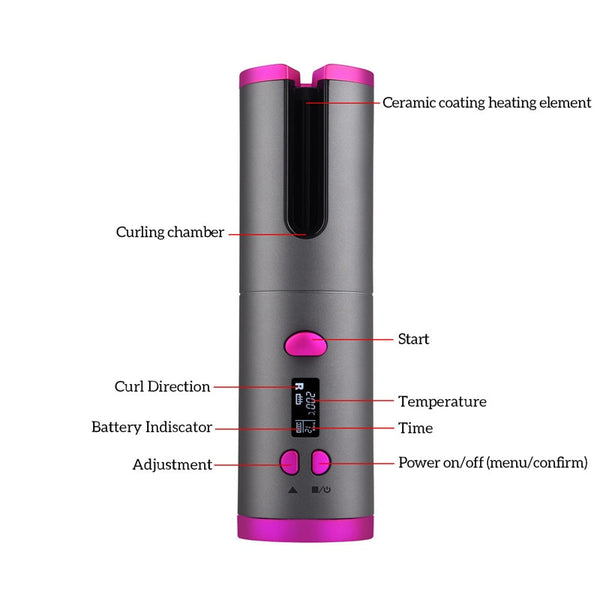 Cordless Auto Rotating Ceramic Hair Curler USB Rechargeable Curling Iron LED Display Temperature Adjustable Curling Wave Styer